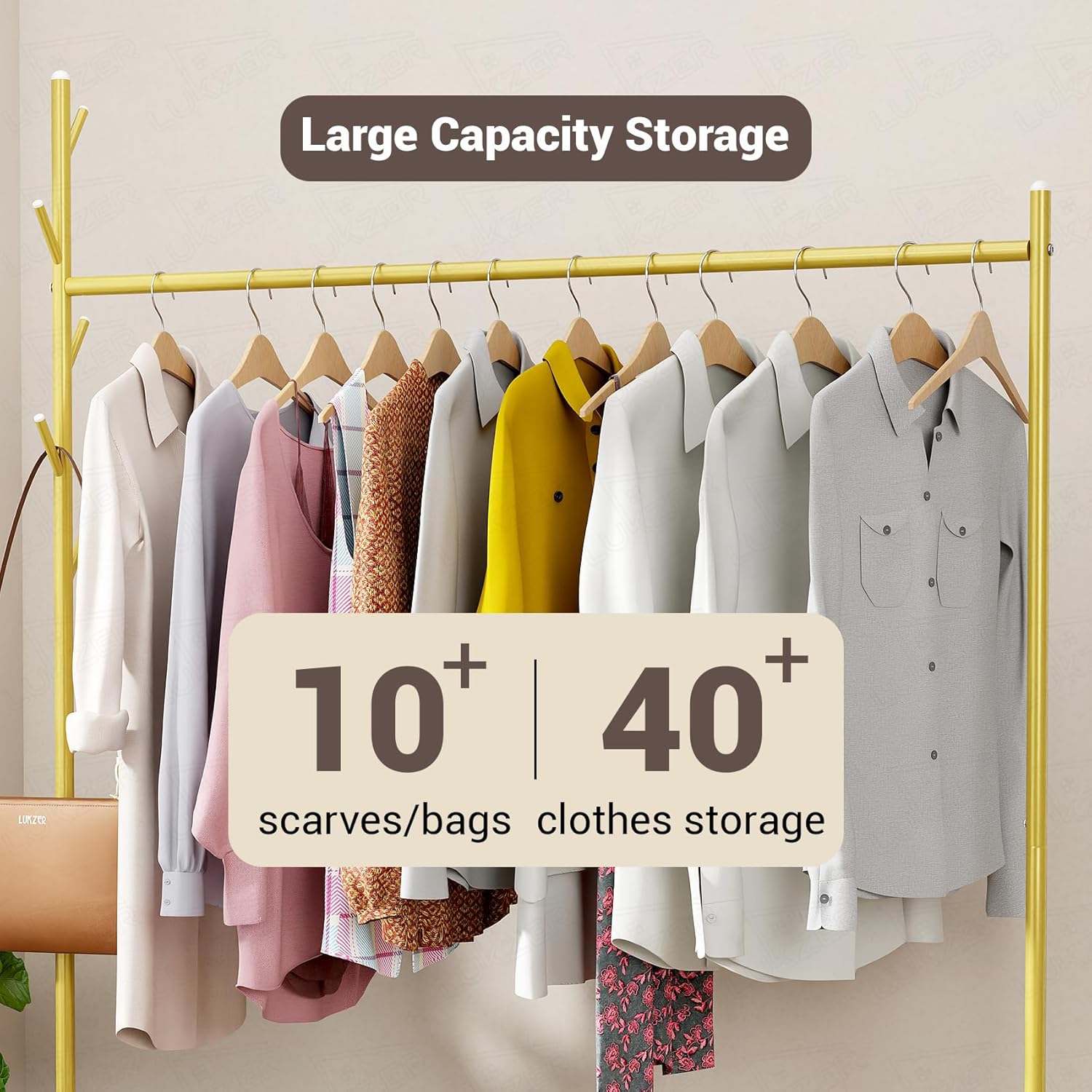 Lukzer Metal Single Rod Clothes Hanging Stand with Bottom Shelf & Lockable Wheels (MGR-003/Gold)
