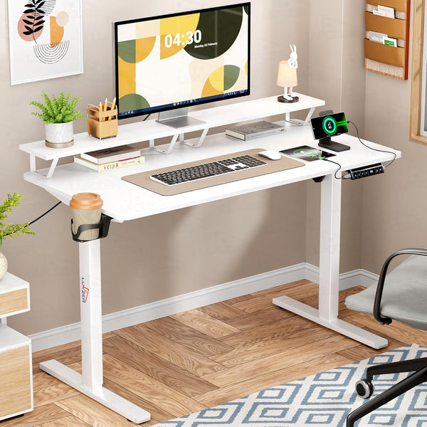 Lukzer Electric Height Adjustable Desk with Monitor Riser USB & Type-C Sit-Stand Table (EST-004/White & White) 3-Years Warranty