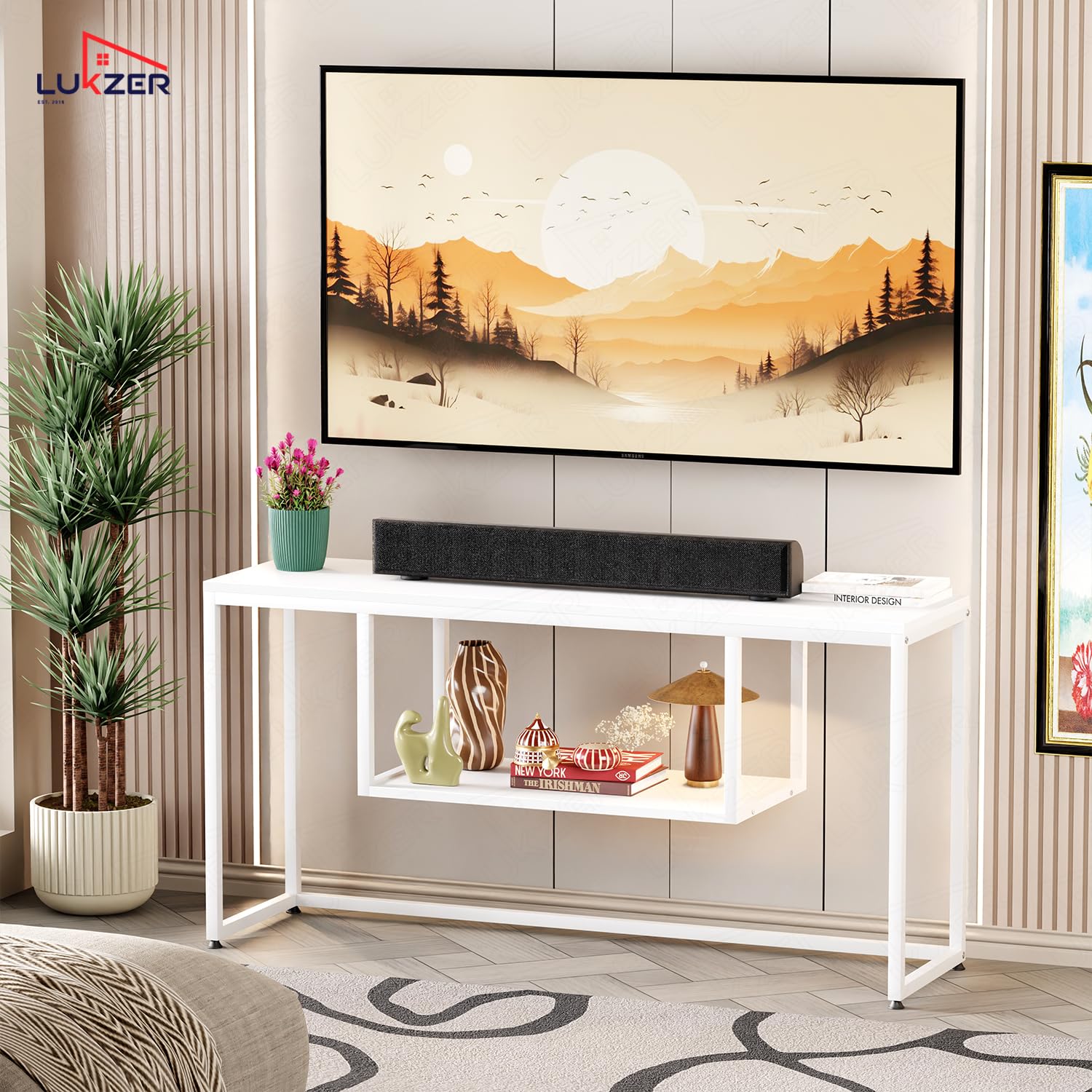 Lukzer TV Unit Stand for TVs up to 43 Inch Engineered Wood with Metal (MTU-002/White & White)