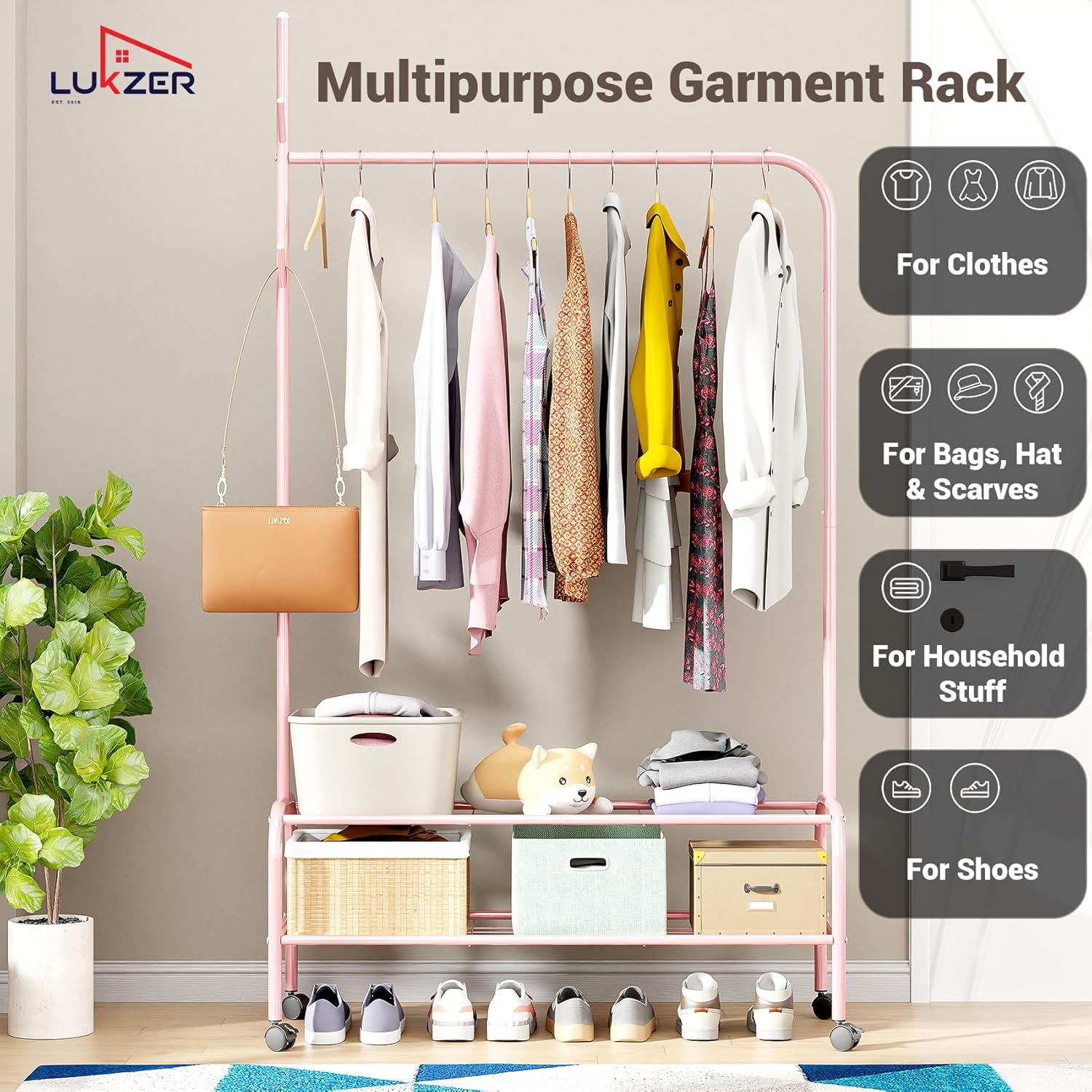 Lukzer Metal Garment Rack with Wheels & Double Bottom Storage Shelves (MGR-006/Pink)