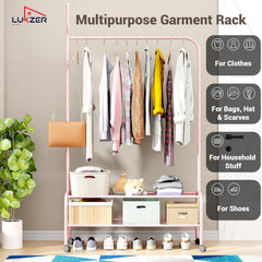 Lukzer Metal Garment Rack with Wheels & Double Bottom Storage Shelves (MGR-006/Pink)