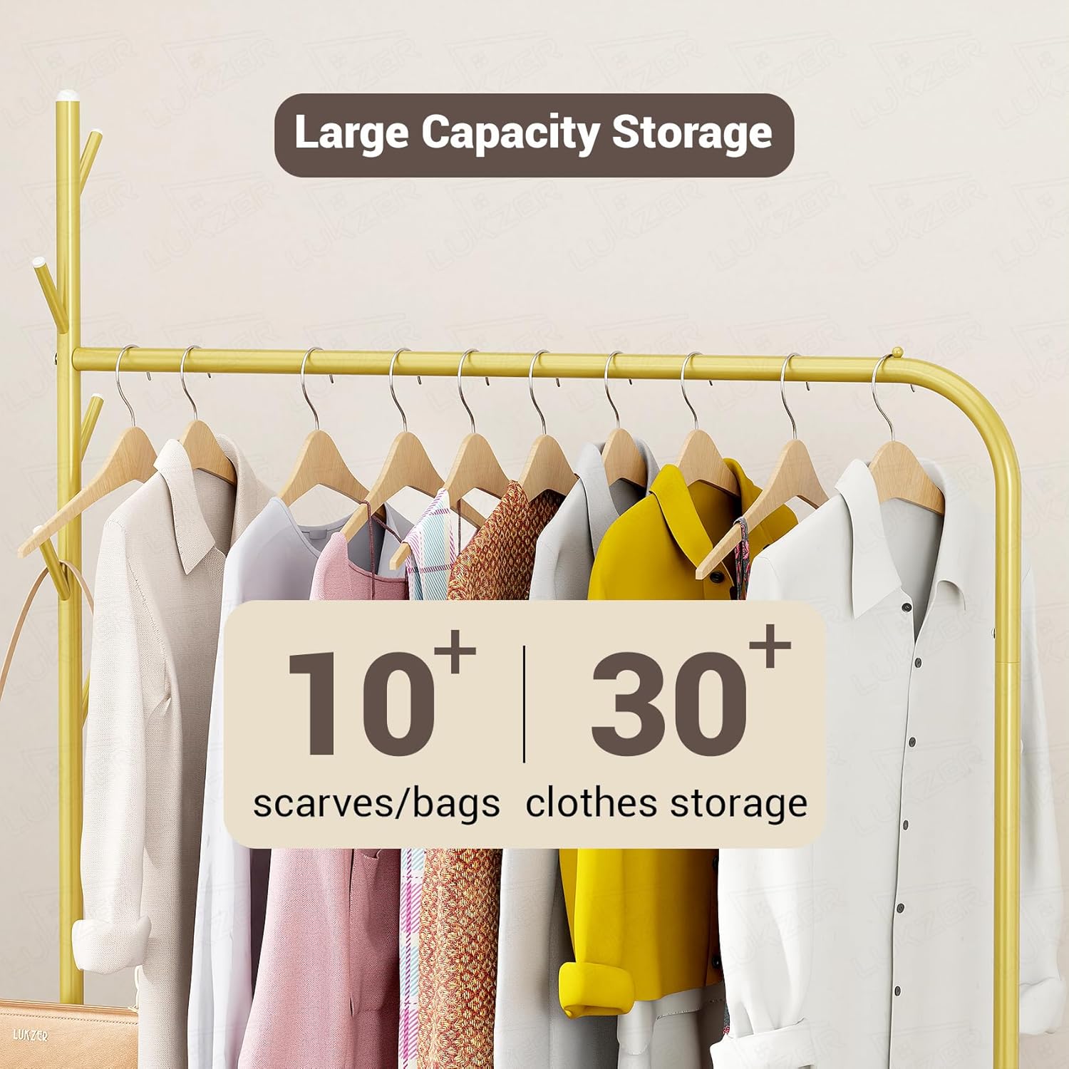 Lukzer Metal Garment Rack with Wheels & Double Bottom Storage Shelves (MGR-006/Gold)