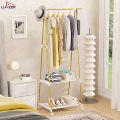 Lukzer A-Shaped Metal Garment Stand with Dual Storage Shelves & Wheels (MGR-010/Gold)