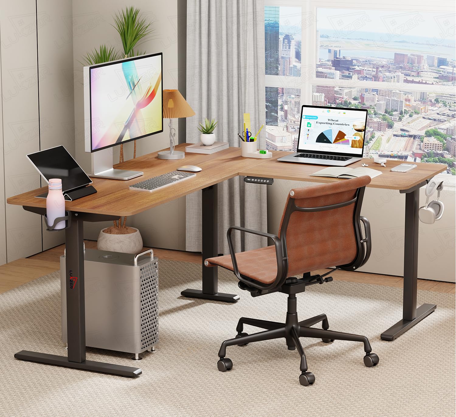Lukzer L-Shape Electric Height Adjustable Study Desk (EST-001/Black & Oak Brown) 3-Years Warranty
