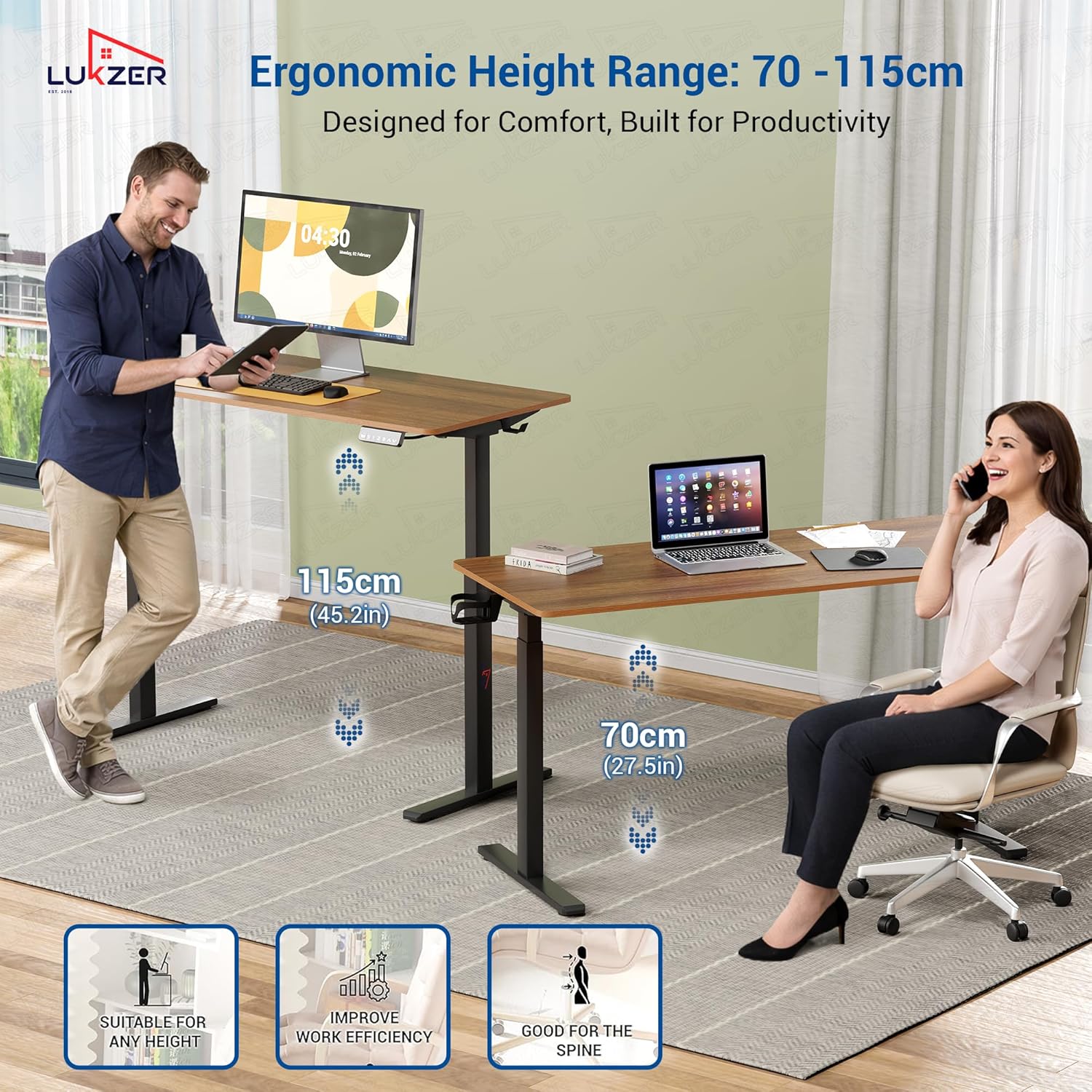 Lukzer Dual Motor Electric Height Adjustable Desk Memory Controller Standing Table EST-002/Black & Oak Brown)