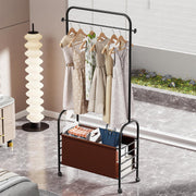 Lukzer Metal Clothes Rail Stand with Leather Storage Bin & Wheels (MGR-009/Black)