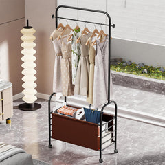 Lukzer Metal Clothes Rail Stand with Leather Storage Bin & Wheels (MGR-009/Black)