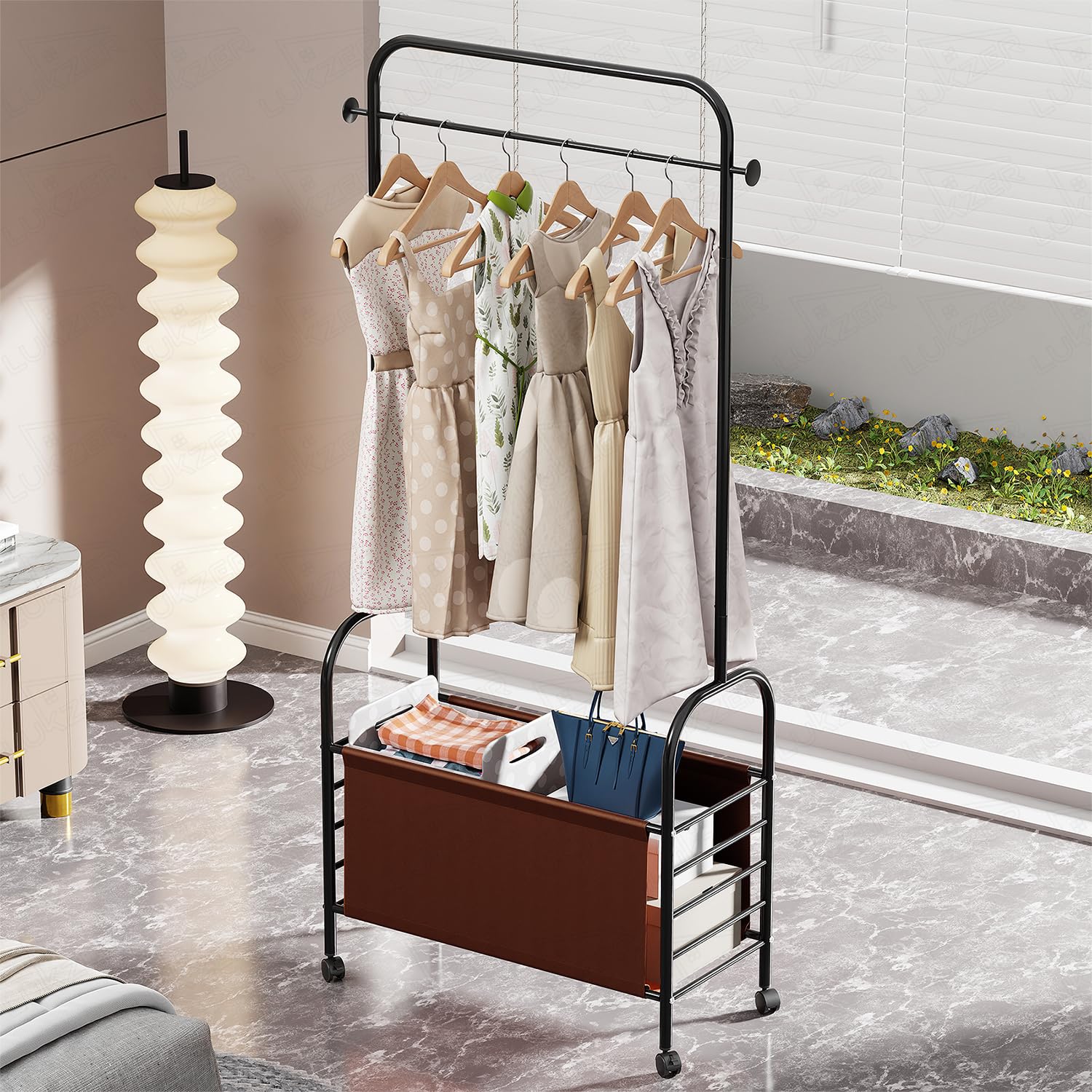 Lukzer Metal Clothes Rail Stand with Leather Storage Bin & Wheels (MGR-009/Black)