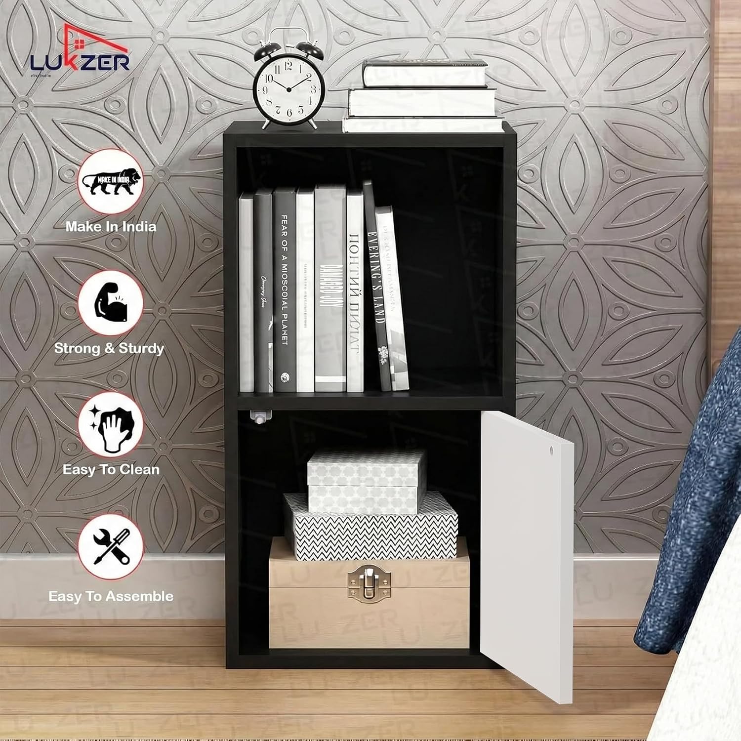 Lukzer Engineered Wood 2 Layer Storage Cabinet with Open Display Rack (MR-021/Black)