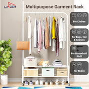 Lukzer Metal Garment Rack with Wheels & Double Bottom Storage Shelves (MGR-006/White)