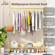 Lukzer Metal Single Rod Clothes Hanging Stand with Bottom Shelf & Lockable Wheels (MGR-003/Gold)
