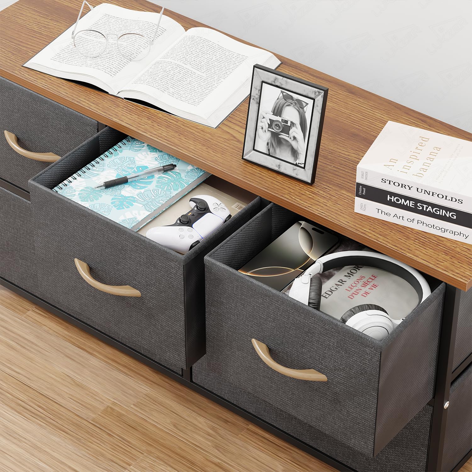 Lukzer 5-Drawer Fabric Storage Organizer for Closet (MMR-003/Black & Oak Brown)