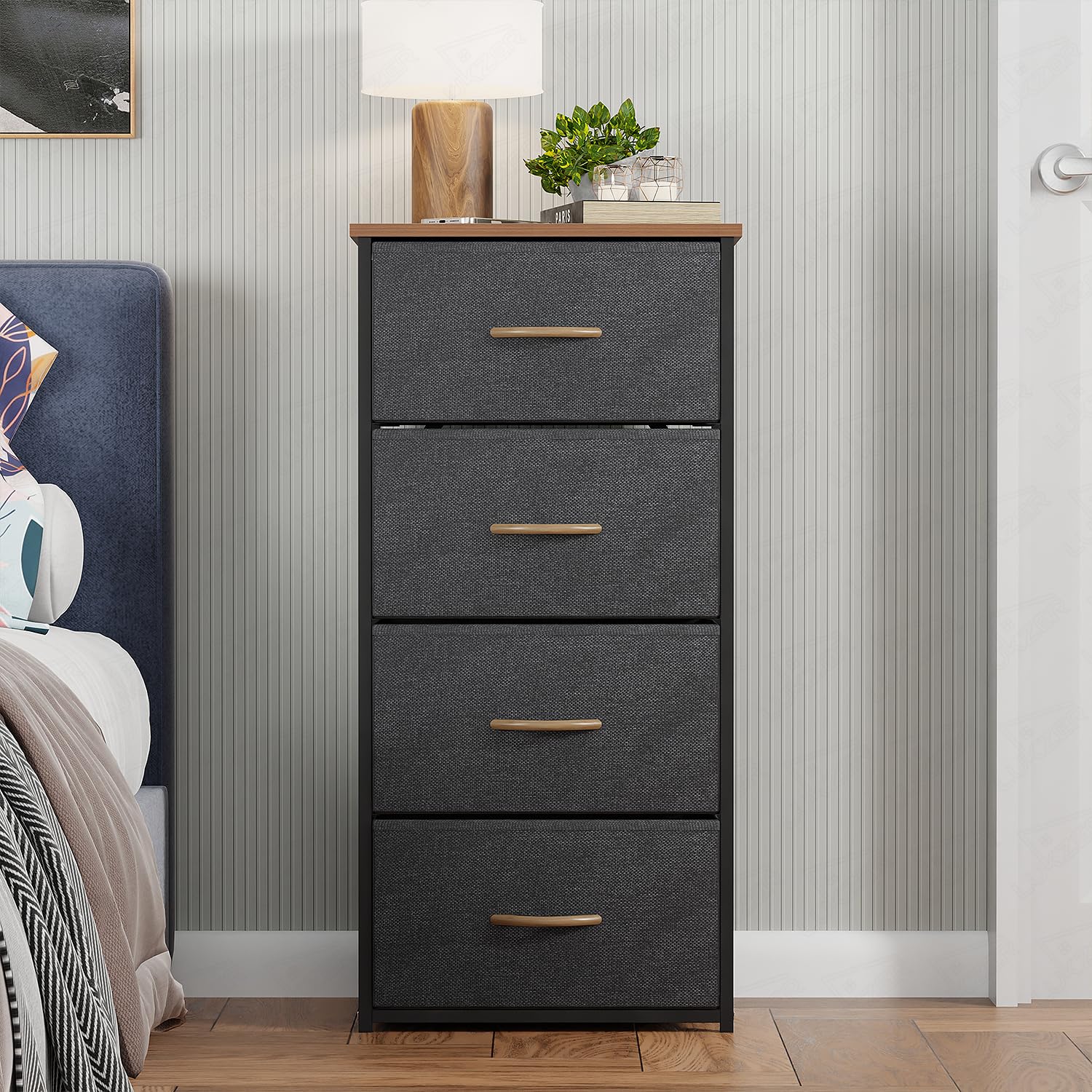 Lukzer 4-Drawer Fabric Storage Organizer for Closet (MMR-002/Black & Oak Brown)