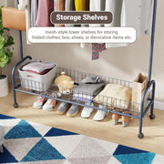 Lukzer Metal Single Rod Clothes Hanging Stand with Bottom Shelf & Lockable Wheels (MGR-003/Deep Sea)