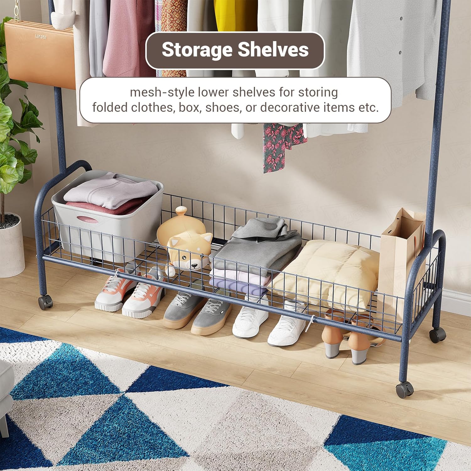Lukzer Metal Single Rod Clothes Hanging Stand with Bottom Shelf & Lockable Wheels (MGR-003/Deep Sea)
