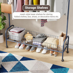 Lukzer Metal Single Rod Clothes Hanging Stand with Bottom Shelf & Lockable Wheels (MGR-003/Deep Sea)