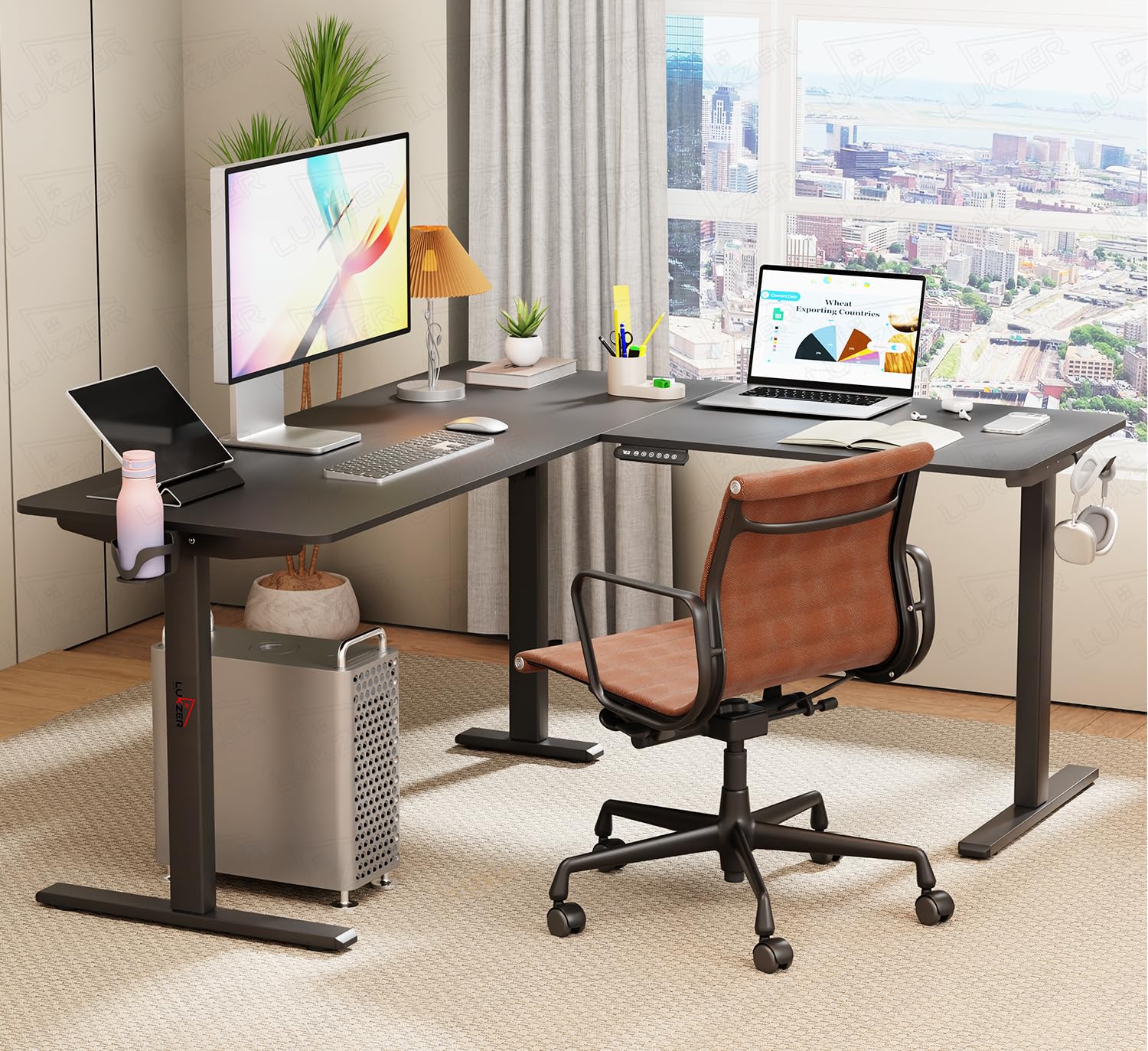 Lukzer L-Shape Electric Height Adjustable Study Desk (EST-001/Black & Black) 3-Years Warranty