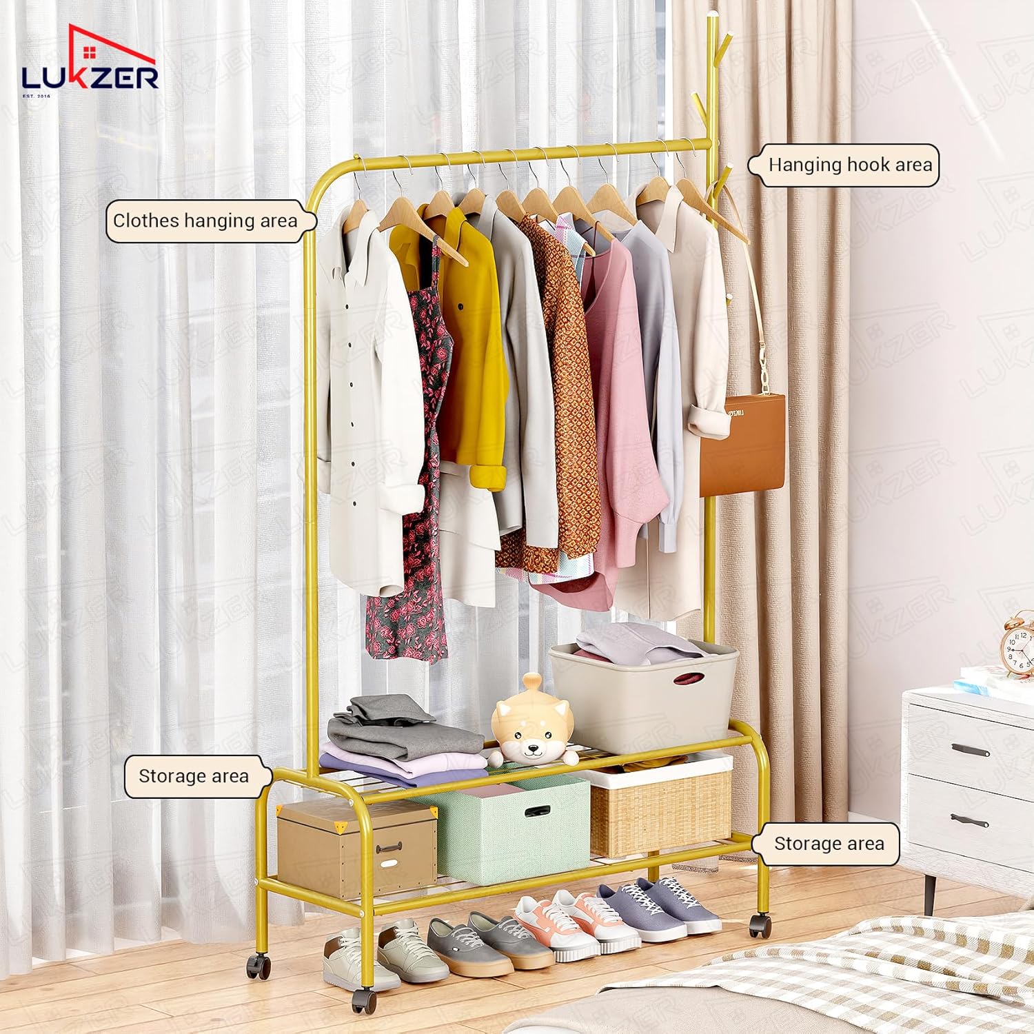 Lukzer Metal Garment Rack with Wheels & Double Bottom Storage Shelves (MGR-006/Gold)