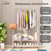 Lukzer Heavy-Duty Portable Metal Clothes Rack with Double Rod & Bottom Shelf (MGR-002/Pink)