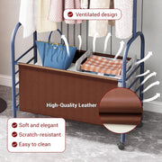 Lukzer Metal Clothes Rail Stand with Leather Storage Bin & Wheels (MGR-009/Deep Sea)