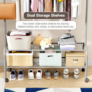 Lukzer Metal Garment Rack with Wheels & Double Bottom Storage Shelves (MGR-006/Grey)