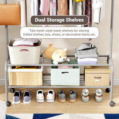 Lukzer Metal Garment Rack with Wheels & Double Bottom Storage Shelves (MGR-006/Grey)