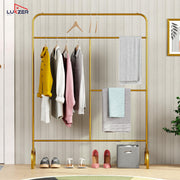 Lukzer MGS-005 Gold Metal Garment Stand with Bottom Shelf | Heavy-Duty Clothes Rack