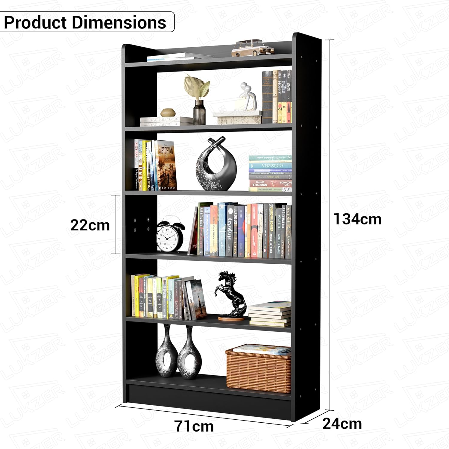 Lukzer Engineered Wood 6 Tier Bookcase Open Storage Cabinet (MR-007/Black)