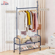 Lukzer Heavy-Duty Portable Metal Clothes Rack with Double Rod & Bottom Shelf (MGR-002/Deep Sea)