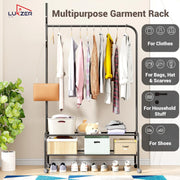 Lukzer Metal Garment Rack with Wheels & Double Bottom Storage Shelves (MGR-006/Black)