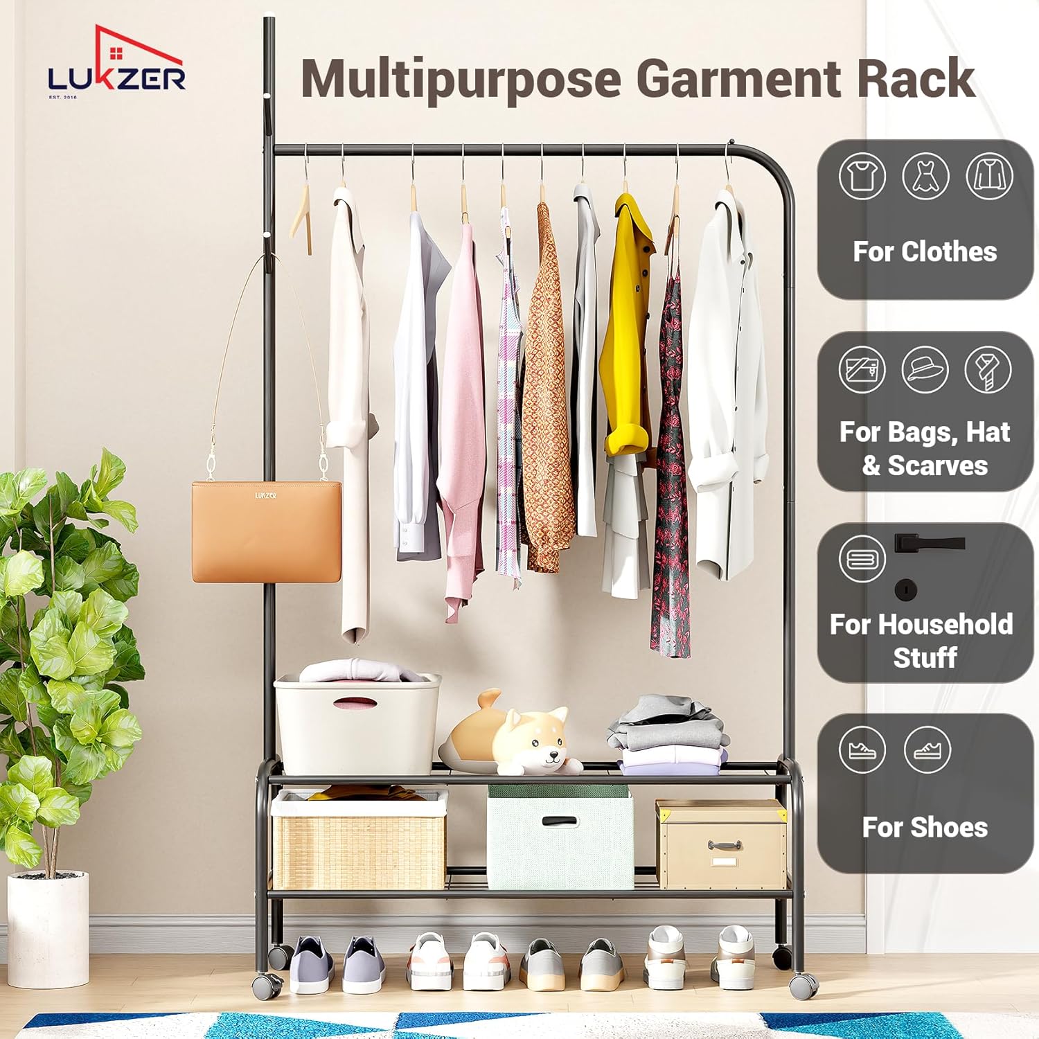 Lukzer Metal Garment Rack with Wheels & Double Bottom Storage Shelves (MGR-006/Black)