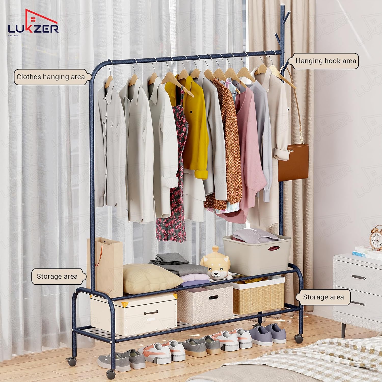 Lukzer Single Pole Portable Metal Garment Rack with 2 Bottom Shelves (MGR-008/Deep Sea)