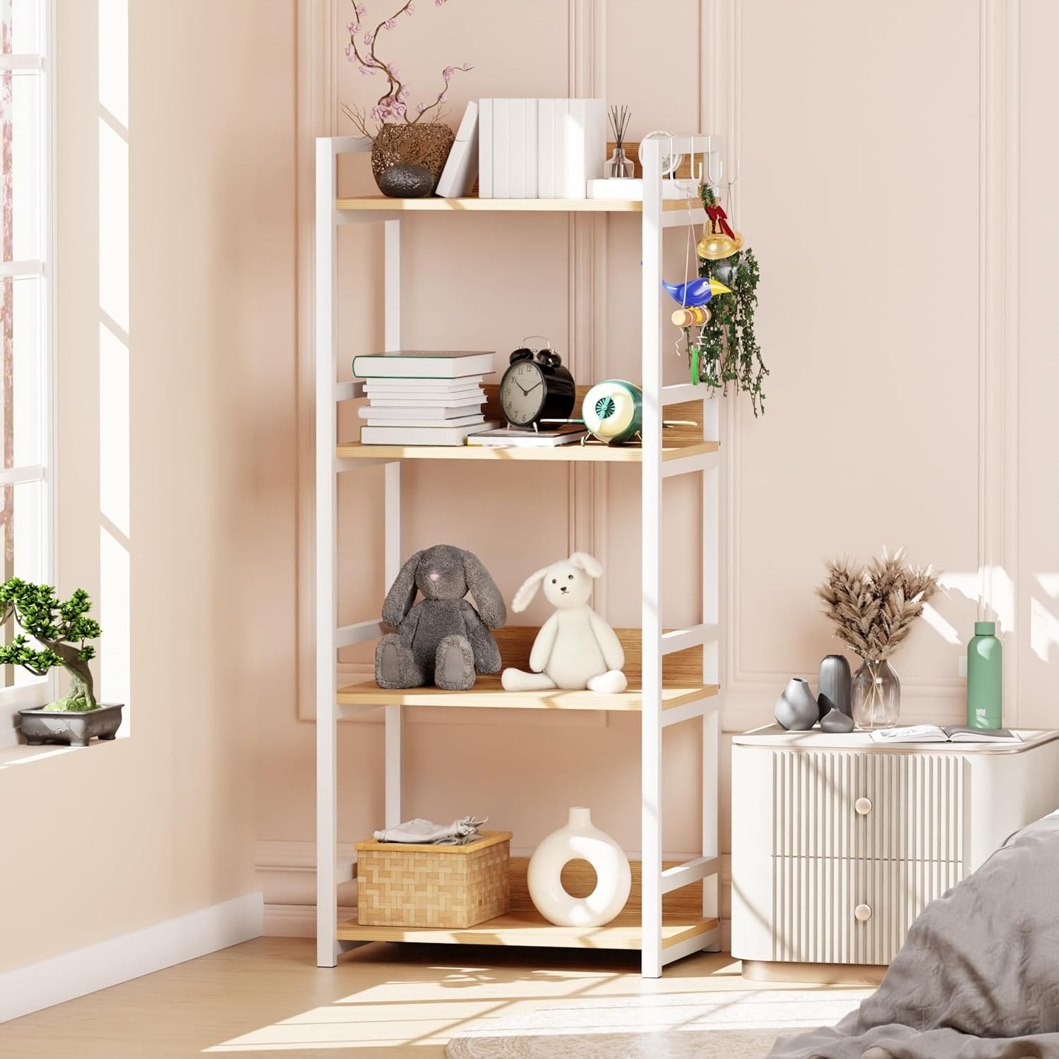 Lukzer 4-Tier Multipurpose Metal & Wood Kitchen Storage Rack (MKR-004/Oak Light with White)