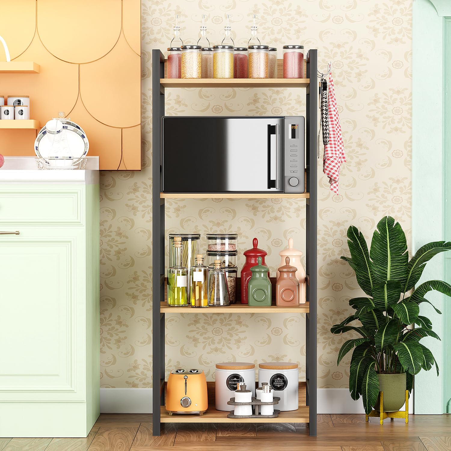 Lukzer 4-Tier Multipurpose Metal & Wood Kitchen Storage Rack (MKR-004/Oak Light with Black)