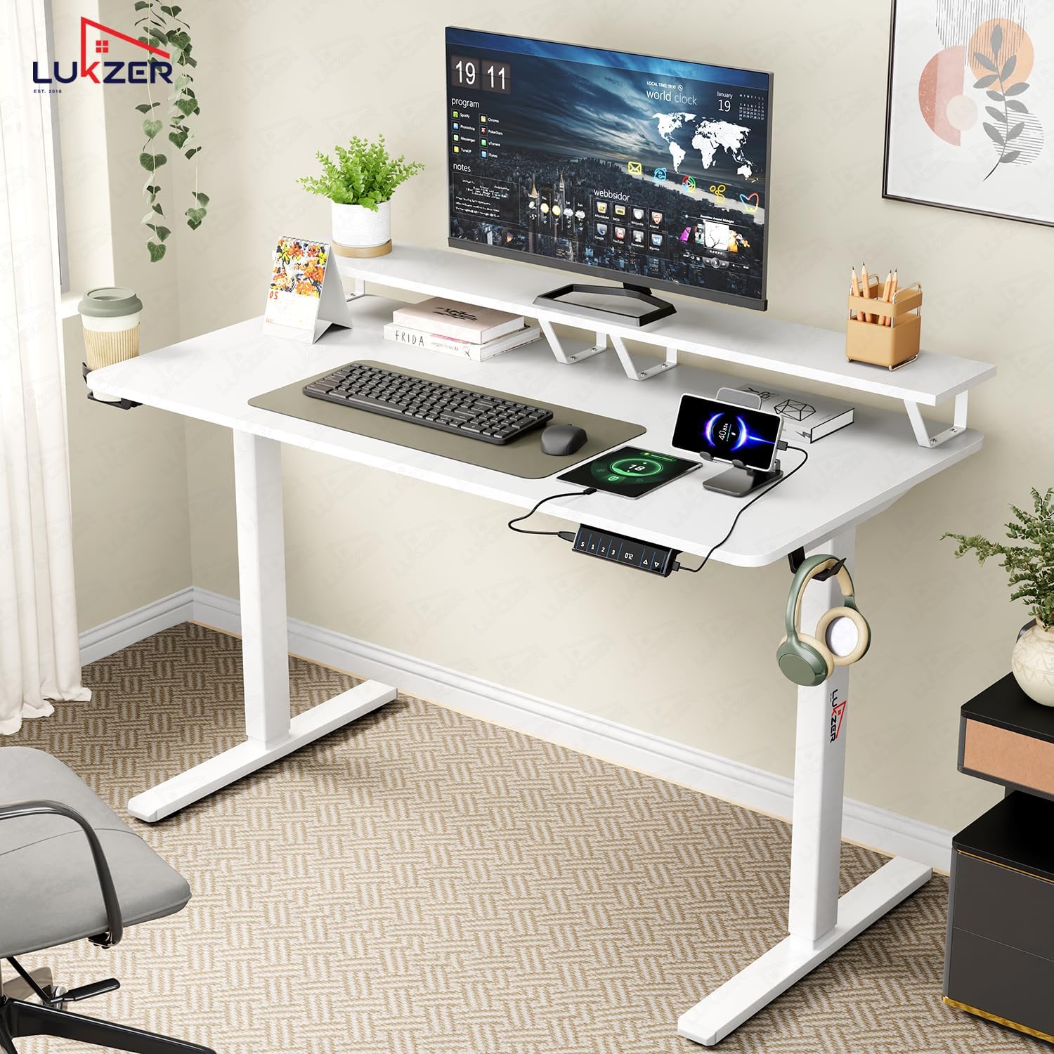 Lukzer Electric Height Adjustable Desk with Monitor Riser USB & Type-C Sit-Stand Table (EST-004-UC/White & White) 3-Years Warranty
