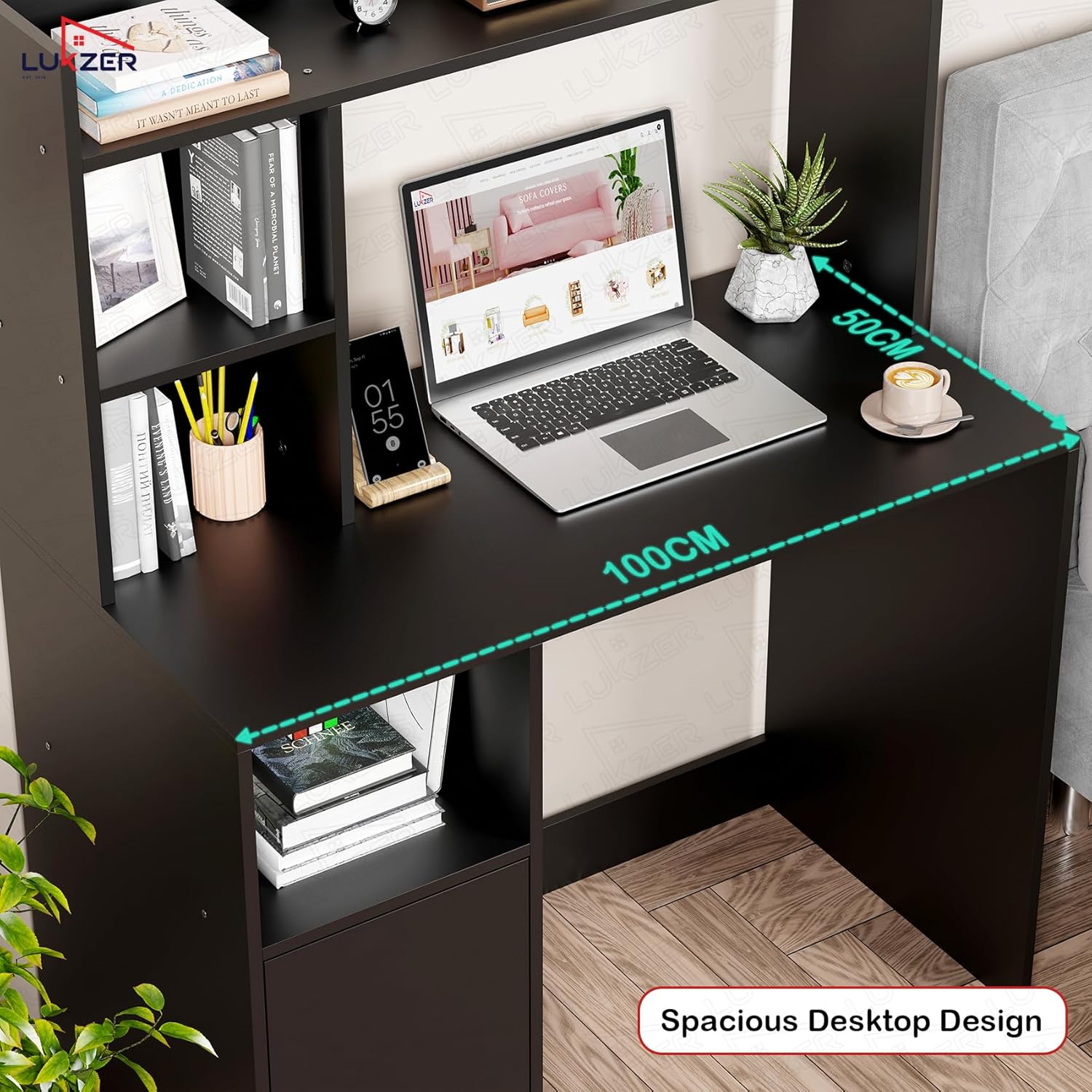 Lukzer Engineered Wood Office Desk & Study Table with Bookshelf & Cabinet (ST-009/Black)