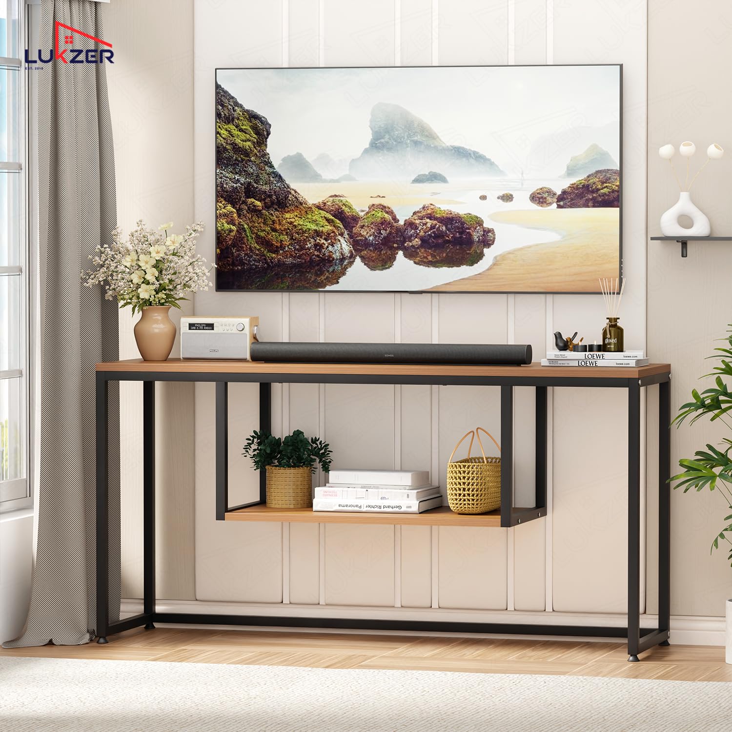 Lukzer TV Unit Stand for TVs up to 43 Inch Engineered Wood with Metal (MTU-002/Black & Oak Brown)