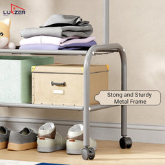 Lukzer Metal Garment Rack with Wheels & Double Bottom Storage Shelves (MGR-006/Grey)