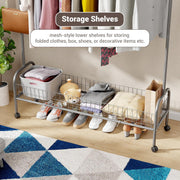 Lukzer Metal Single Rod Clothes Hanging Stand with Bottom Shelf & Lockable Wheels (MGR-003/Grey)