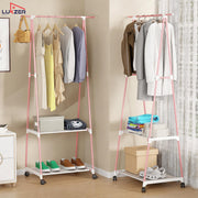 Lukzer A-Shaped Metal Garment Stand with Dual Storage Shelves & Wheels (MGR-010/Pink)