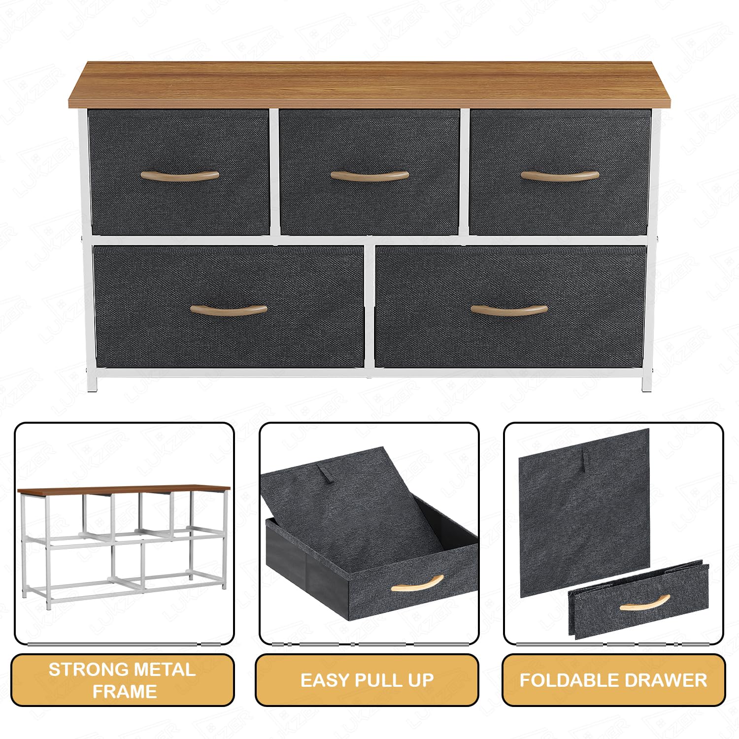 Lukzer 5-Drawer Fabric Storage Organizer for Closet (MMR-003/White & Oak Brown)