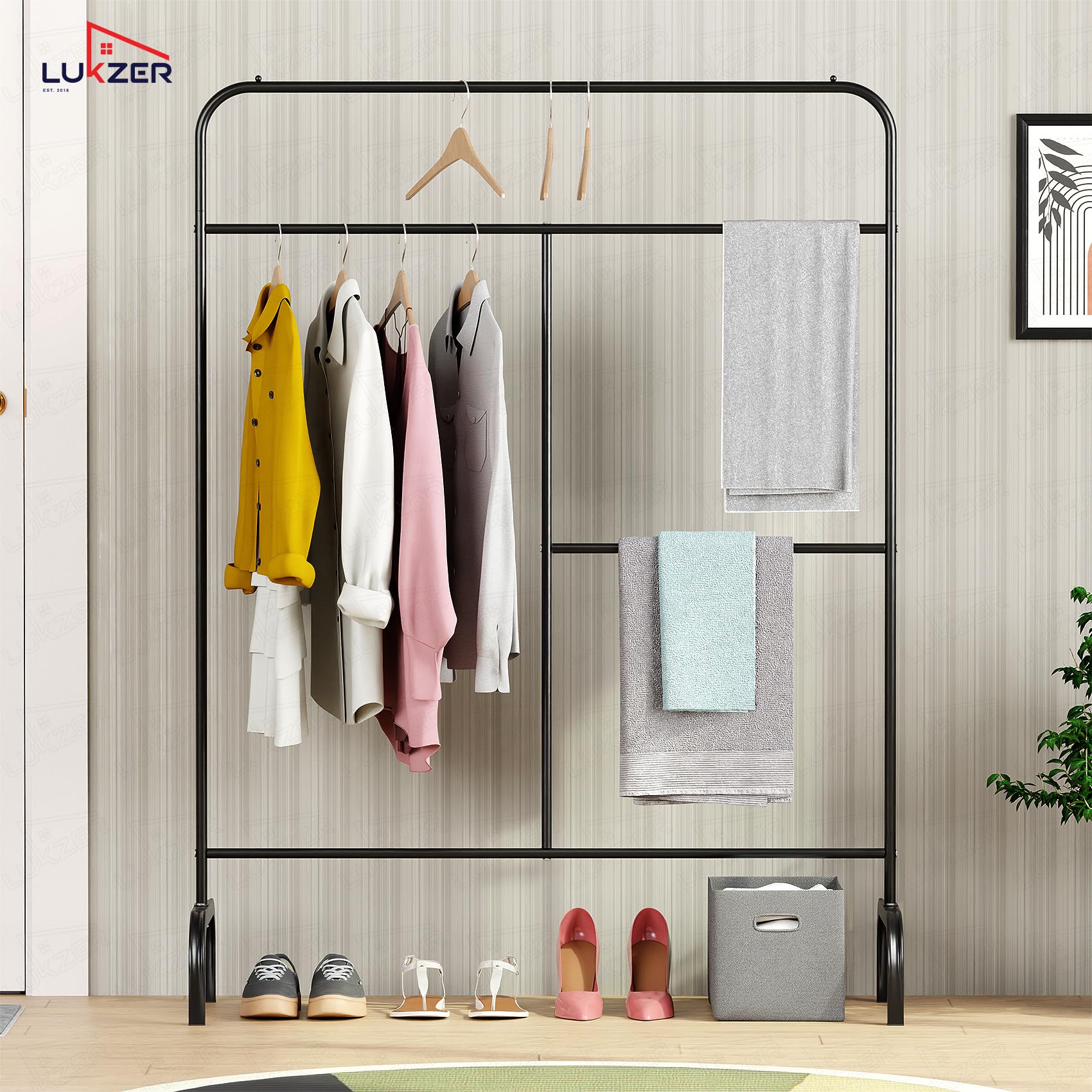 Lukzer Metal Garment Stand with Multi-Level Hanging Bars (MGS-005/Black)