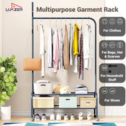 Lukzer Metal Garment Rack with Wheels & Double Bottom Storage Shelves (MGR-006/Deep Sea)