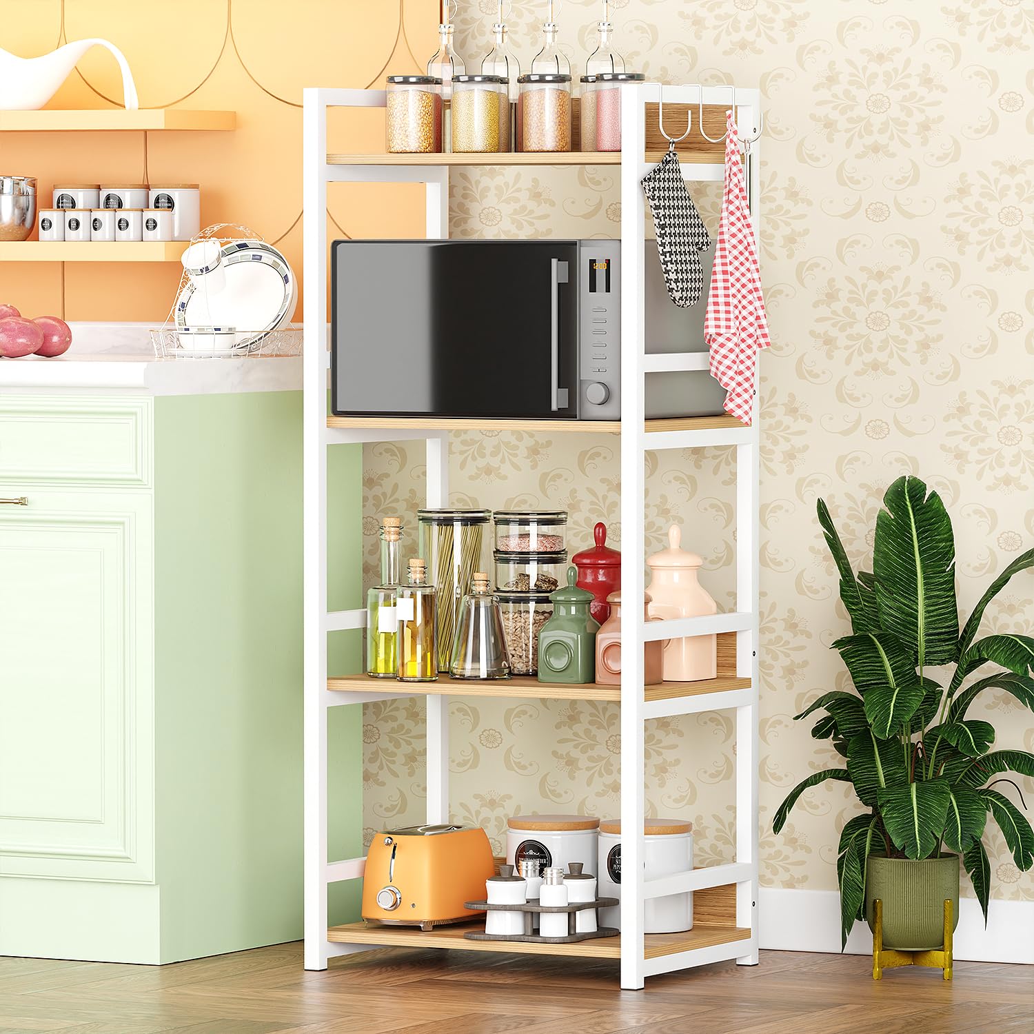 Lukzer 4-Tier Multipurpose Metal & Wood Kitchen Storage Rack (MKR-004/Oak Light with White)