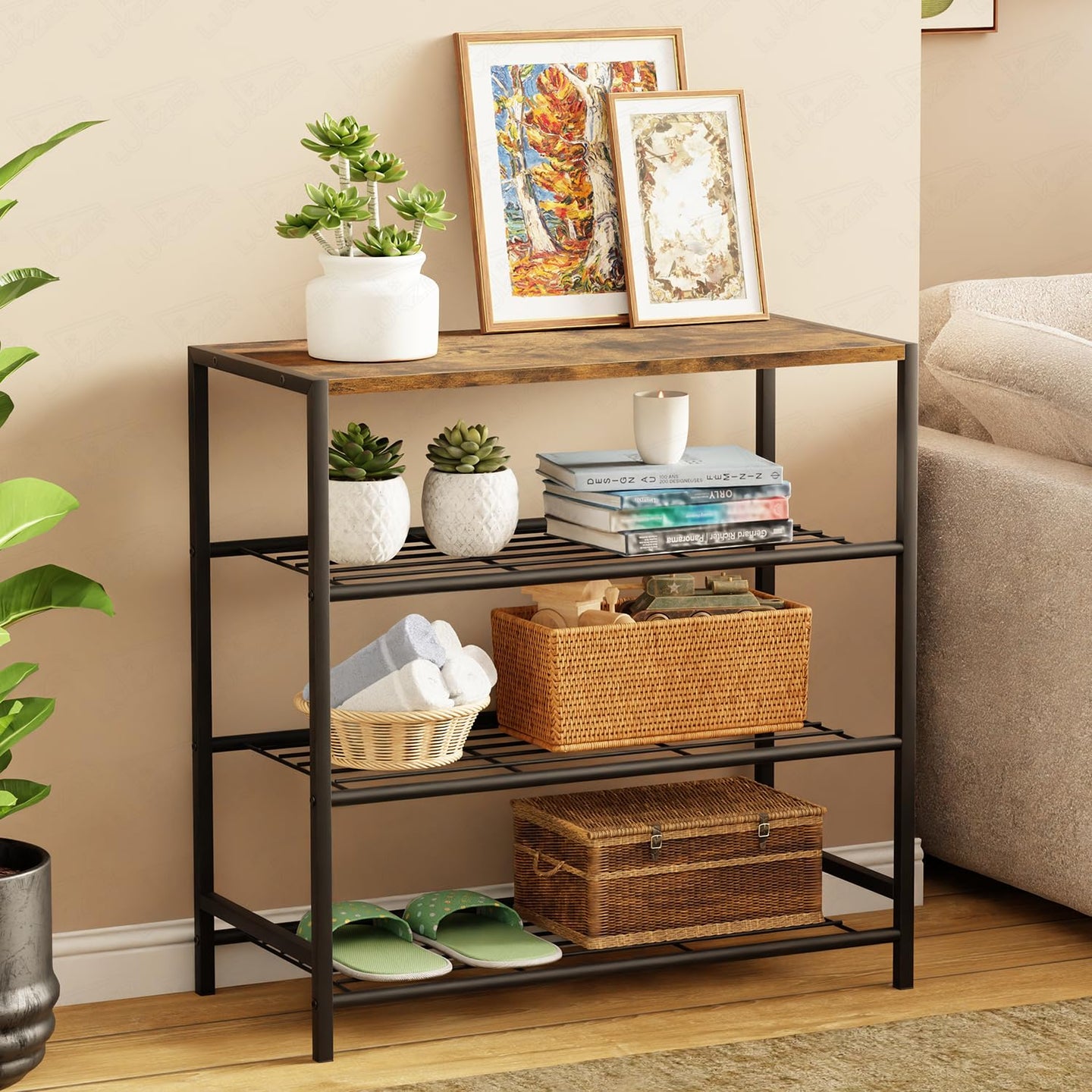 Lukzer 3-tier Metal & Wooden Multipurpose Storage Organiser Rack (Blac