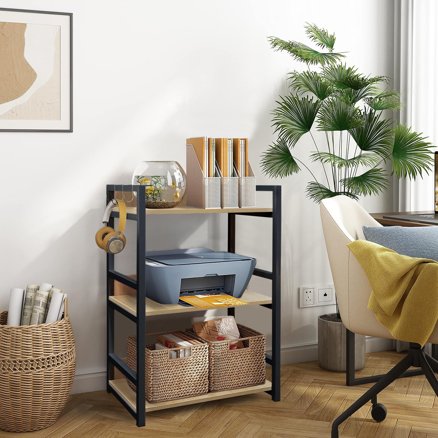 Lukzer 3-Tier Multipurpose Metal & Wood Kitchen Storage Rack (MKR-003/Oak Light with Black)