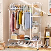 Lukzer Metal Garment Stand with 6 Shelves & Double Rods with Side Hooks & Wheels (MGS-008/White)