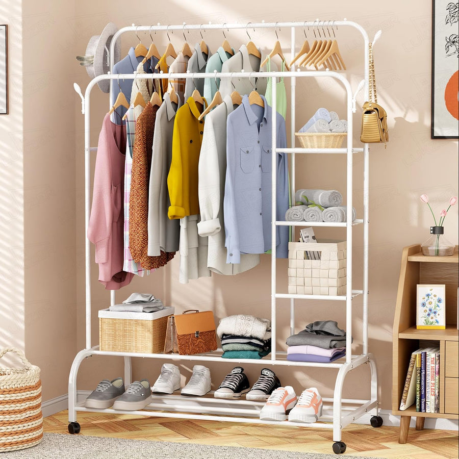 Lukzer Metal Garment Stand with 6 Shelves & Double Rods with Side Hooks & Wheels (MGS-008/White)