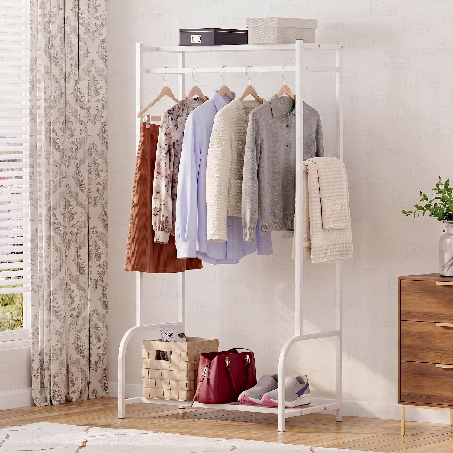 Lukzer Metal Cloth Stand with Bottom Shelf (White)