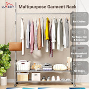 Lukzer Metal Single Rod Clothes Hanging Stand with Double Shelf & Lockable Wheels (MGR-004/Grey)